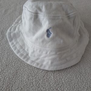Ralph Lauren White Baby Bucket Hat with Light Blue Polo Pony Embroidery